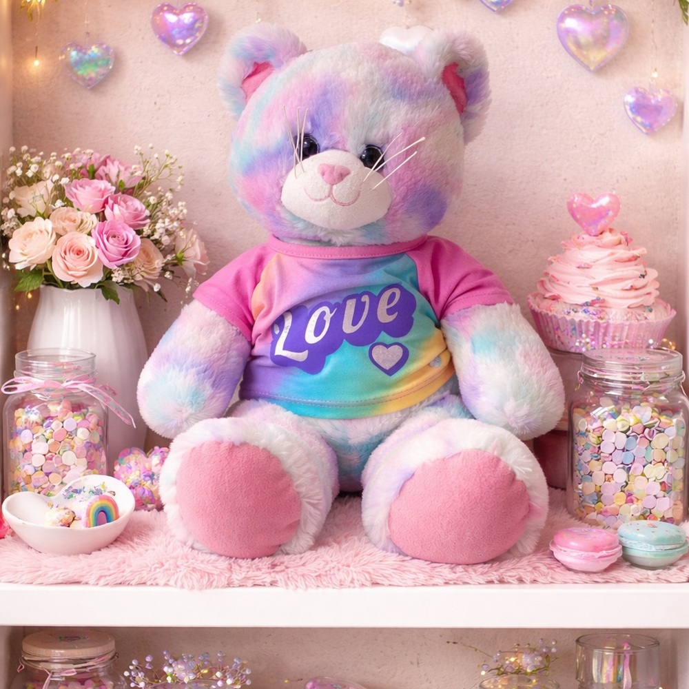 Build-A-Bear Pastel Swirl Cat Plush Pink  Love Tie Dye Tee 15”